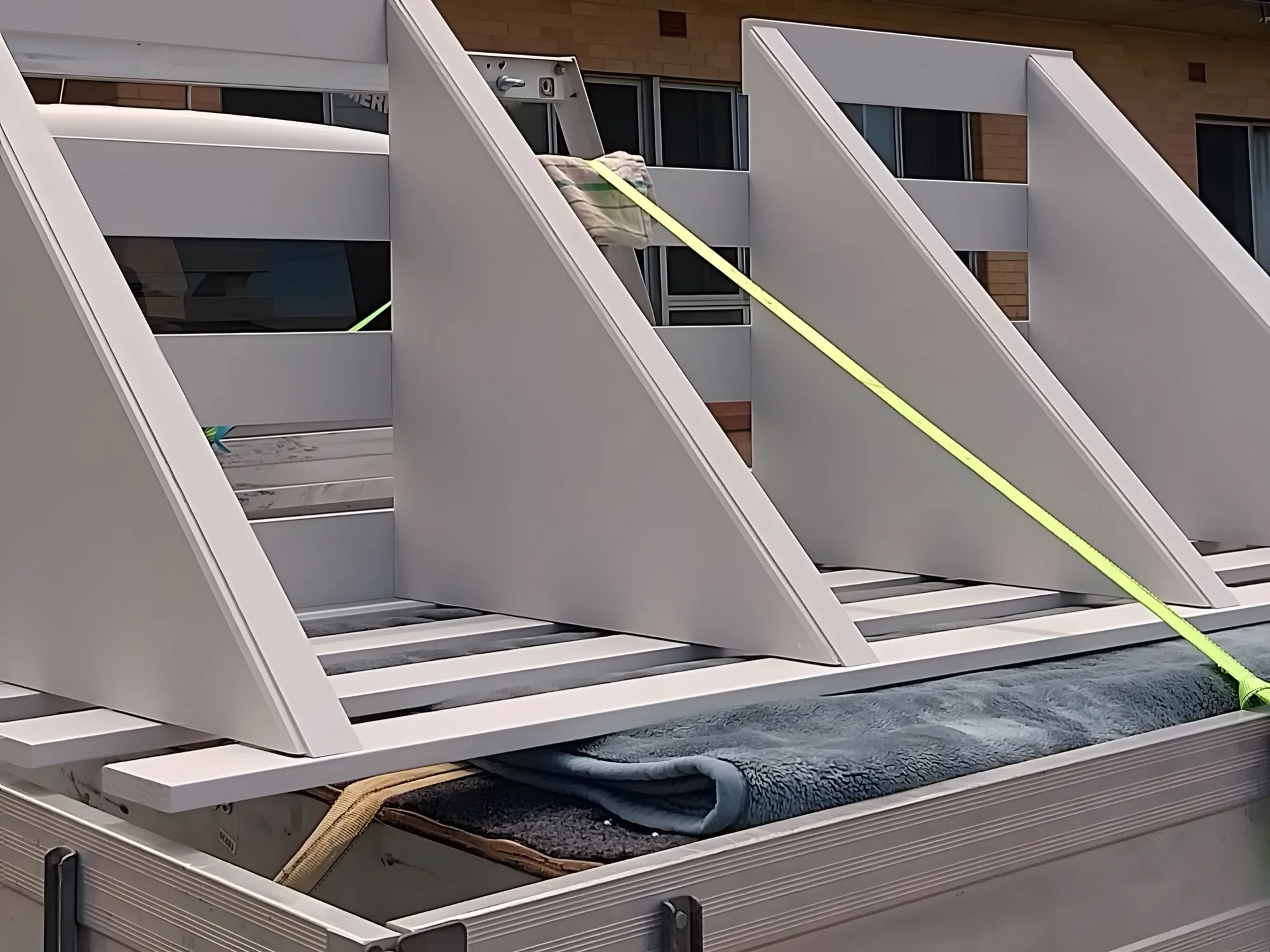 White shelving units strapped in the LKB ute tray for transport